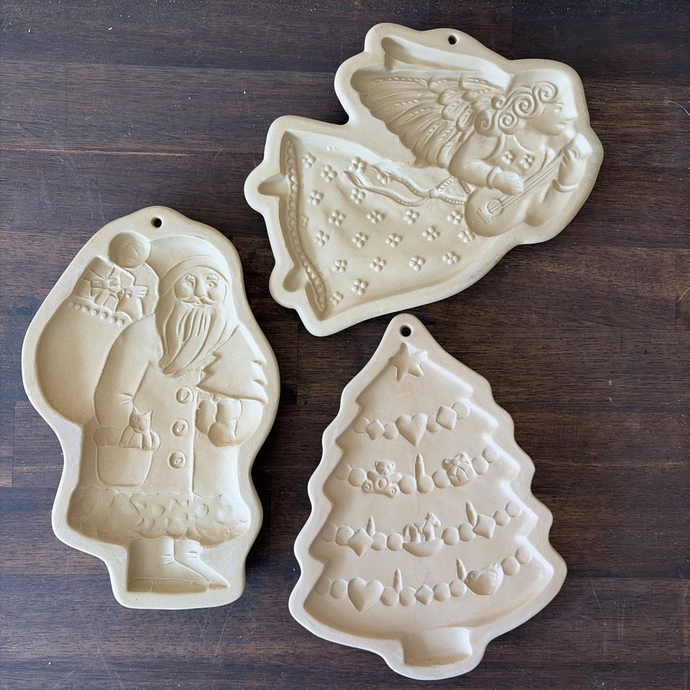 Vintage Brown Bag Cookie Art Molds Stoneware Set Of 3 Angel Christmas Tree Santa